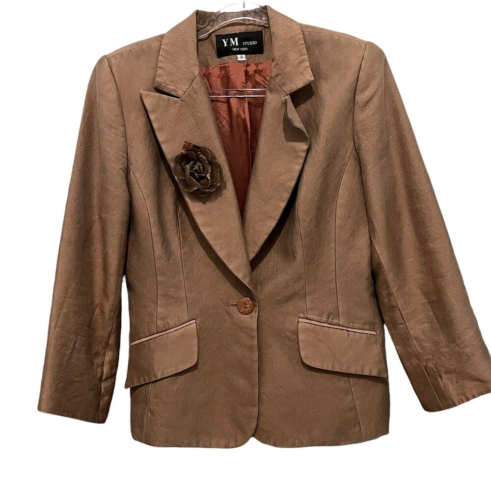 Blazer Suit Jacket Retro Flower Brooch Vintage YM Studio Womens Brown Size S M